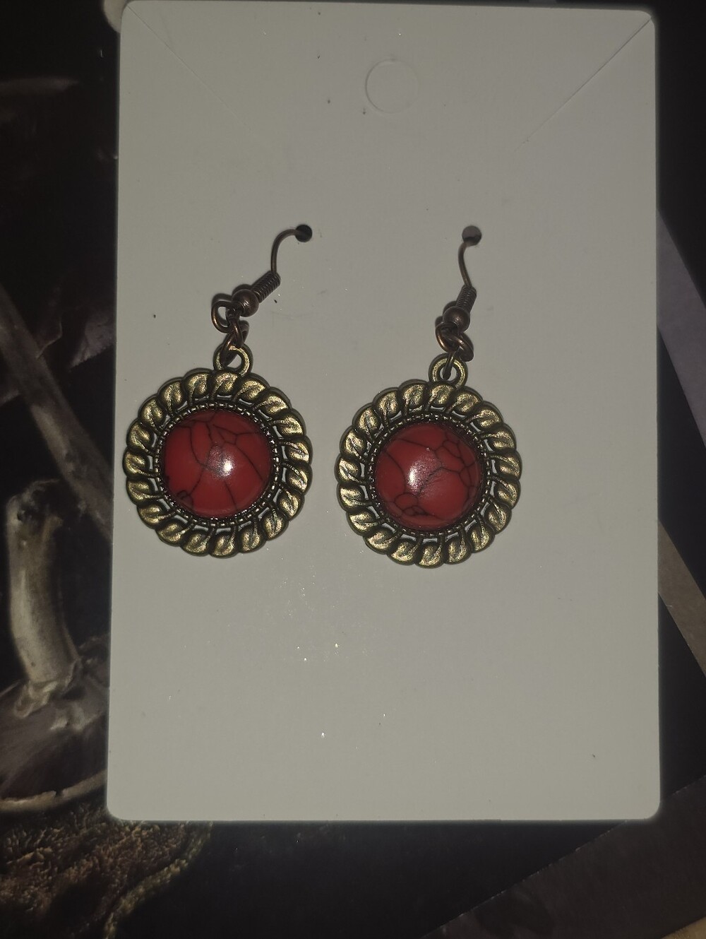 Red Turqoise Gemstone 5Earrings Inside Round Bronze Tone Frames